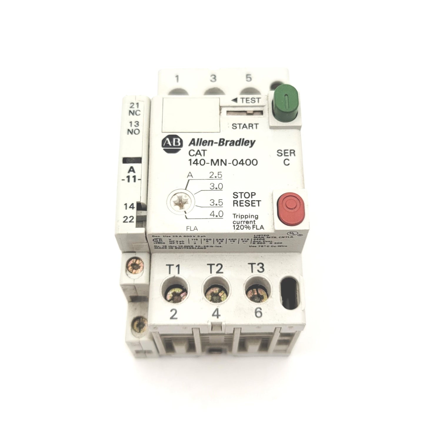 Used Allen Bradley 140-MN-0400 Manual Motor Starter W/140-A11 AUX, 2.5-4A, 115-575VAC