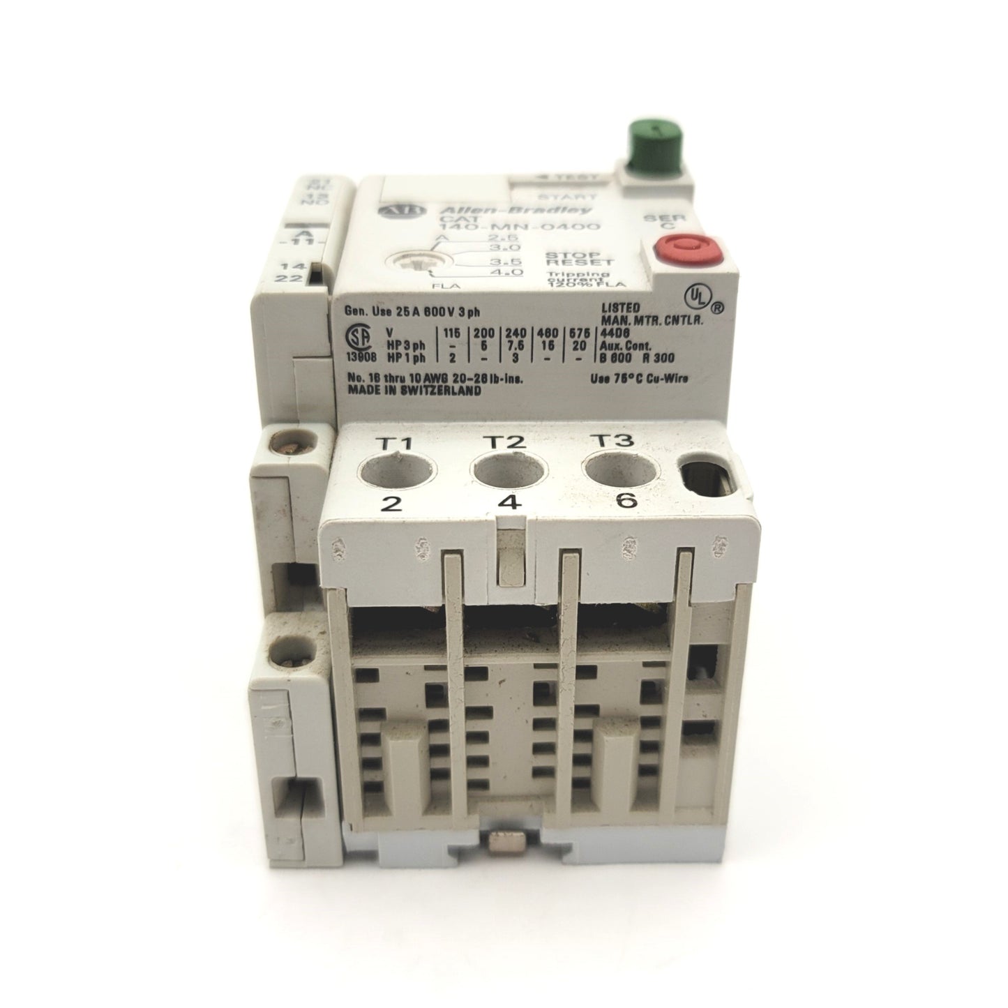 Used Allen Bradley 140-MN-0400 Manual Motor Starter W/140-A11 AUX, 2.5-4A, 115-575VAC