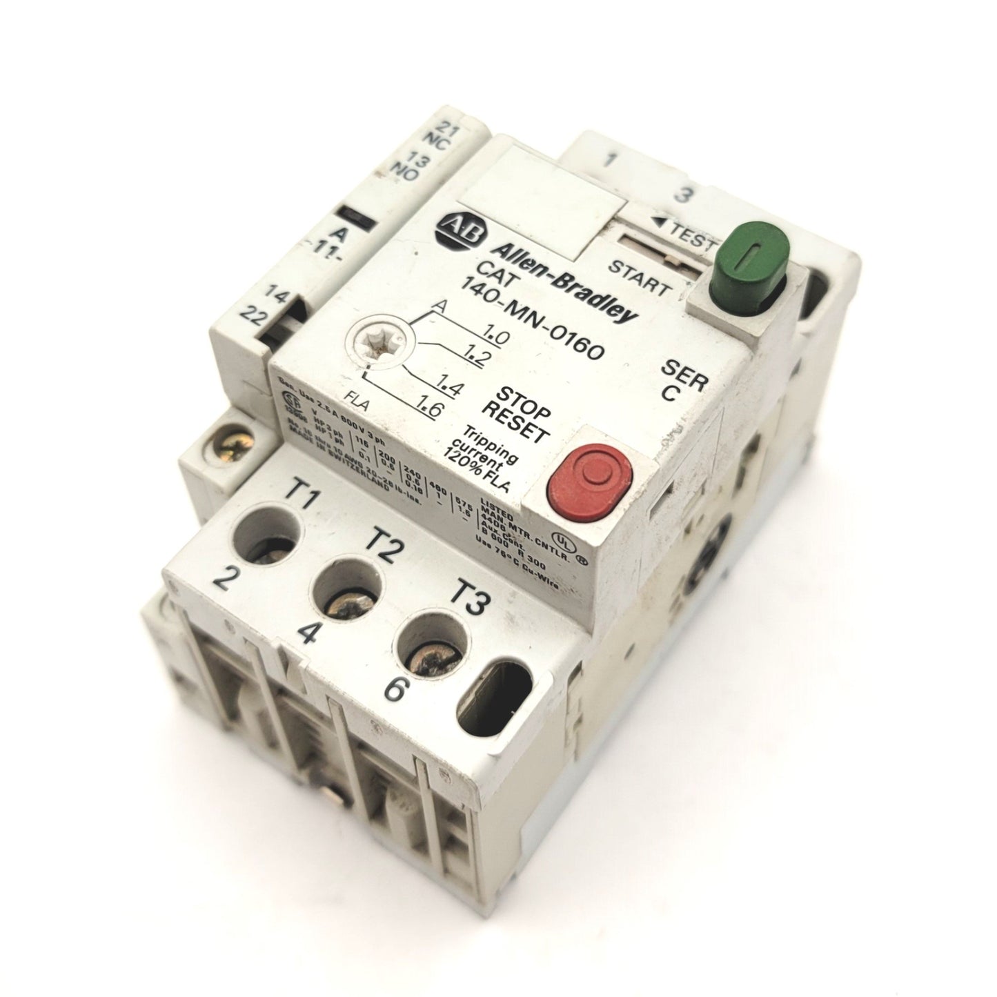 Used Allen Bradley 140-MN-0160 Manual Motor Starter W/140-A11 AUX, 1-1.6A, 115-575VAC