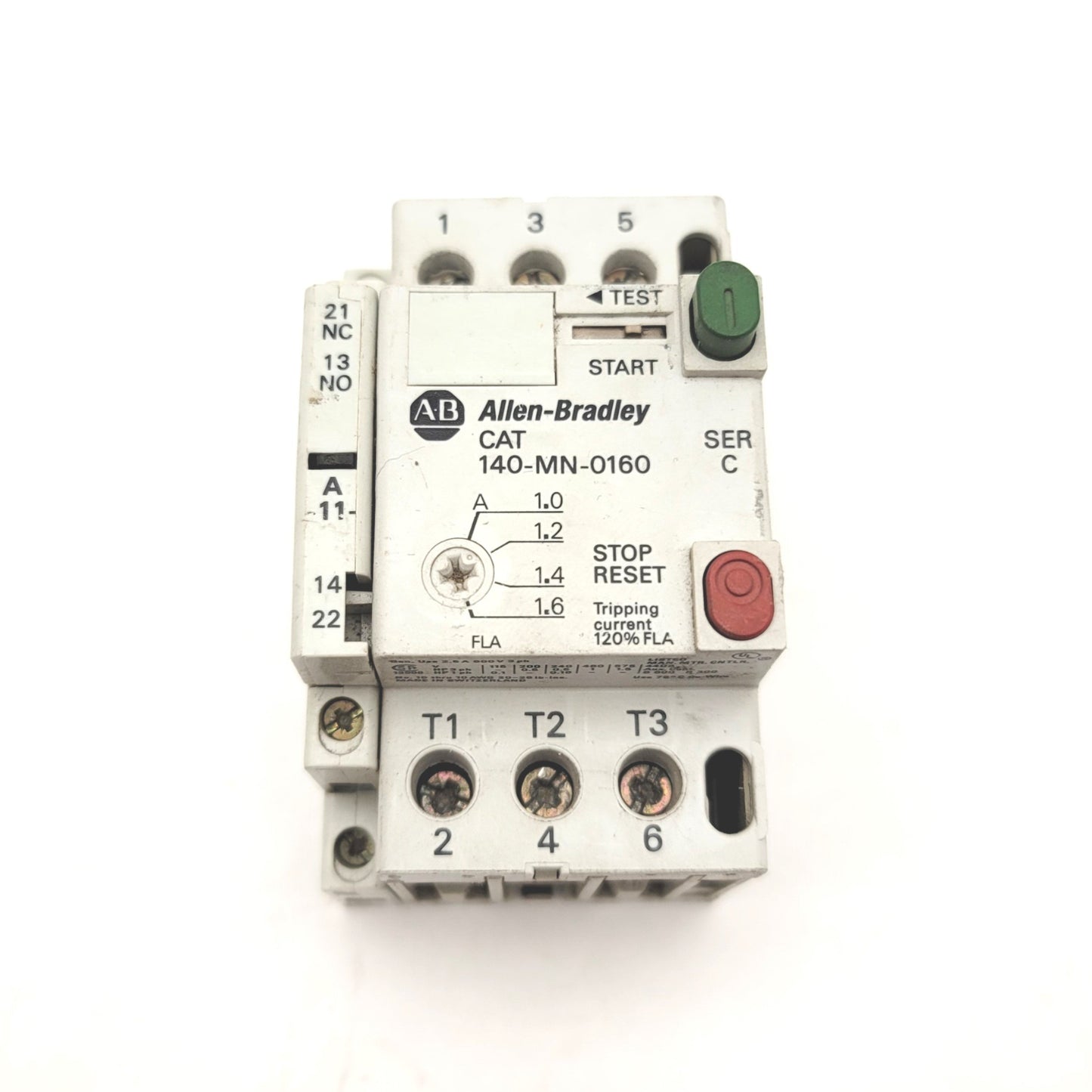 Used Allen Bradley 140-MN-0160 Manual Motor Starter W/140-A11 AUX, 1-1.6A, 115-575VAC