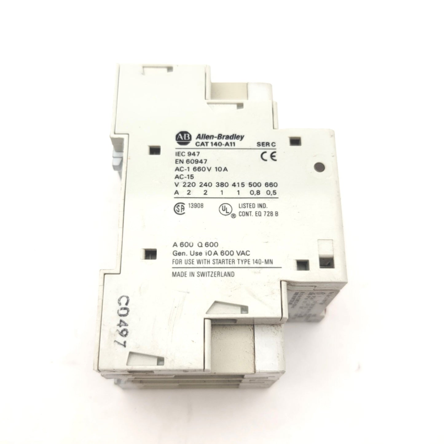 Used Allen Bradley 140-MN-0160 Manual Motor Starter W/140-A11 AUX, 1-1.6A, 115-575VAC