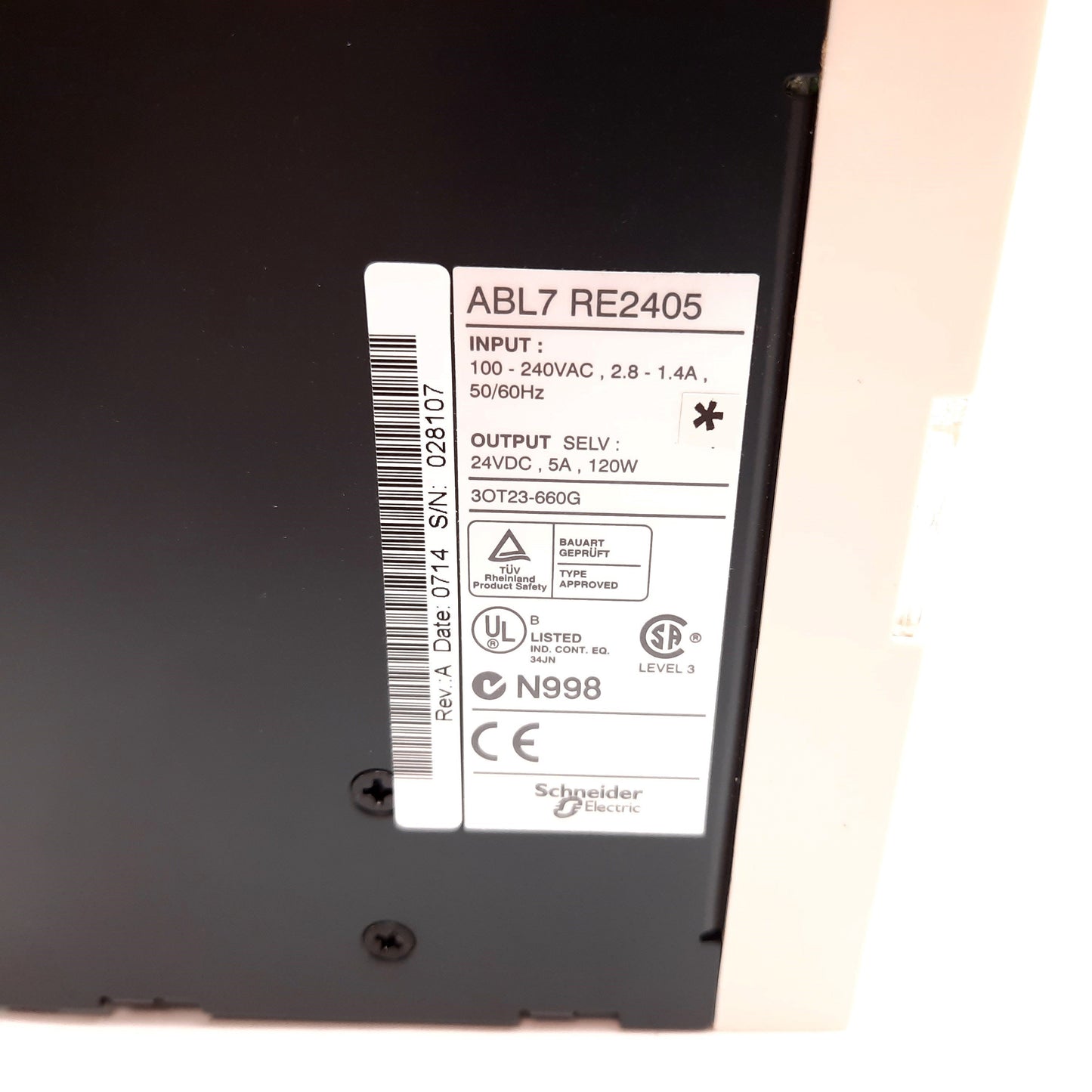 Used Telemecanique ABL7 RE2405 Power Supply, Input: 100-240VAC, Output: 24VDC 5A 120W