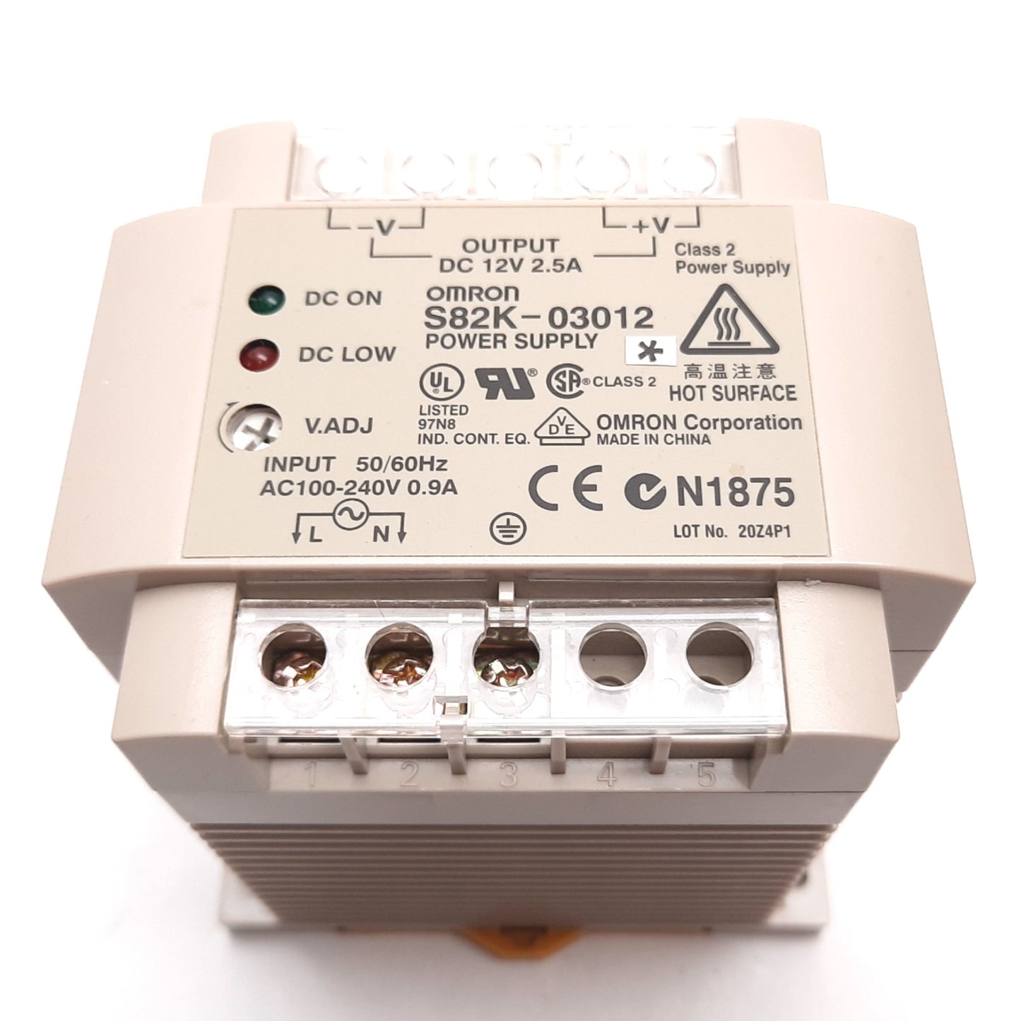Used Omron S82K-03012 Power Supply, In: 100-240VAC 0.9A 50/60Hz, Out: 12VDC 2.5A