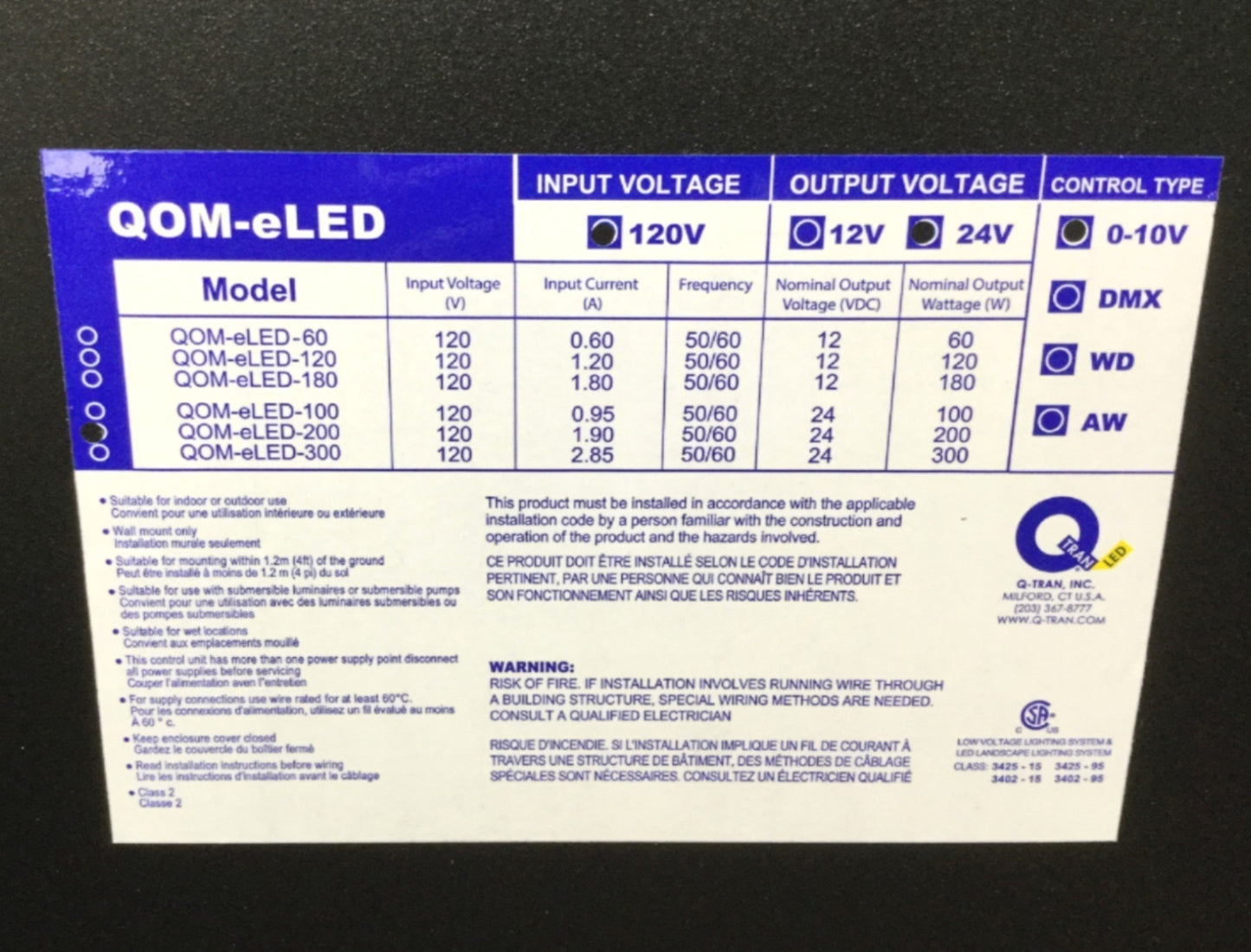 New Q-Tran QOM-eLED-200 LED Driver Lighting Control, 120VAC, Non-Dimming, 24VDC 200W