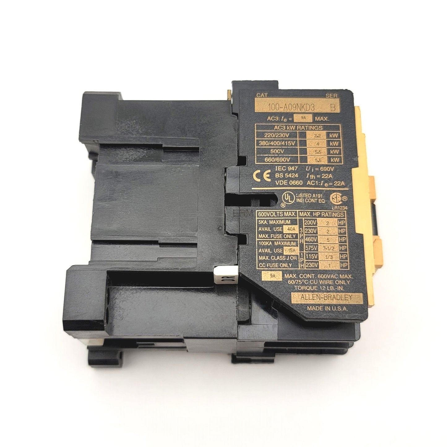 Used Allen Bradley 100-A09NKD3 Ser B IEC Contactor 220-690VAC, 9A, 4-Pole, 24VAC Coil