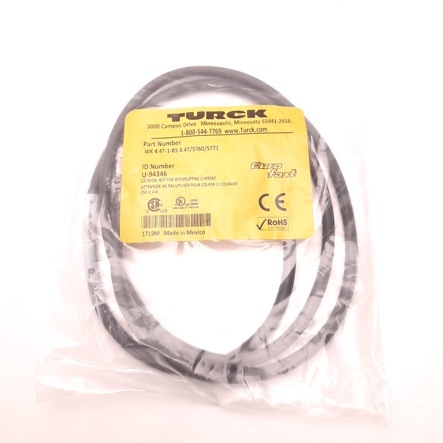 New – Open box Turck WK 4.4T-1-RS 4.4T Cordset, M12 Male to Right Angle M12 Female, 1 Meter