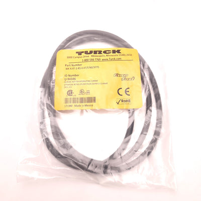 New – Open box Turck WK 4.4T-1-RS 4.4T Cordset, M12 Male to Right Angle M12 Female, 1 Meter