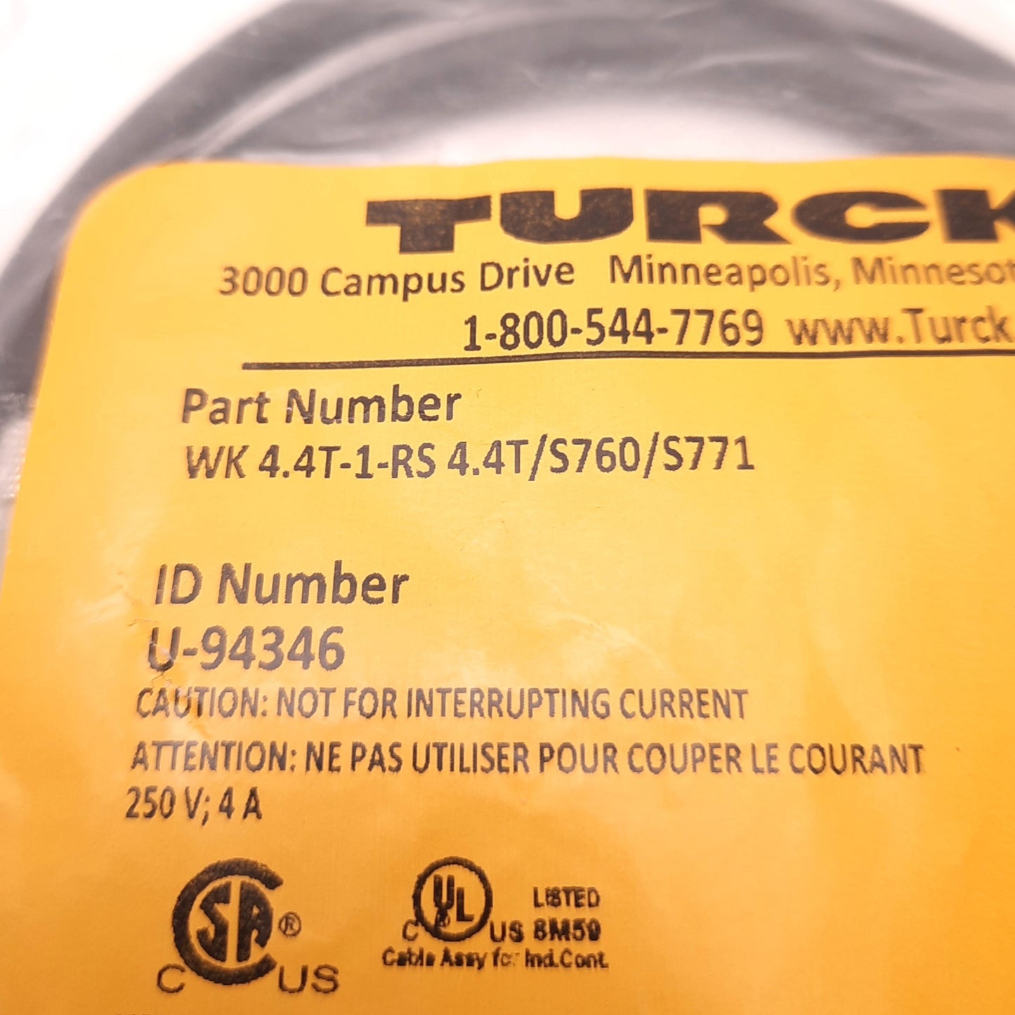 New – Open box Turck WK 4.4T-1-RS 4.4T Cordset, M12 Male to Right Angle M12 Female, 1 Meter