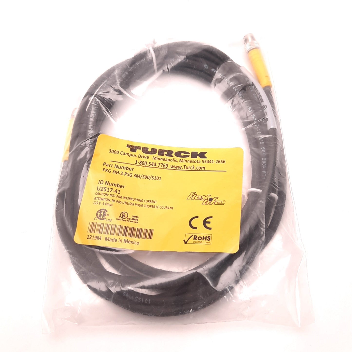 New – Open box Turck 3M-3-PSG Cordset, M8 Female to M8 Male, 3 Conductor, 3 Meters, PVC