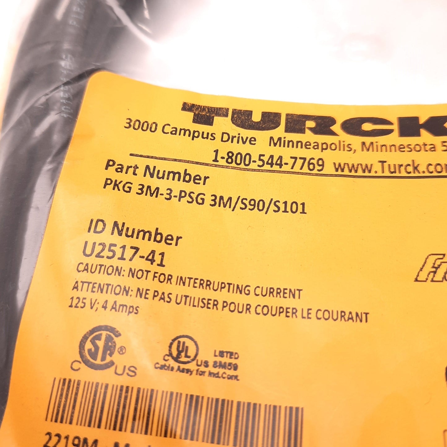 New – Open box Turck 3M-3-PSG Cordset, M8 Female to M8 Male, 3 Conductor, 3 Meters, PVC