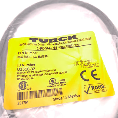 New Turck PKG 3M-1-PSG 3M/S90 Actuator & Sensor Cordset M8 Female to M8 Male 125V 4A