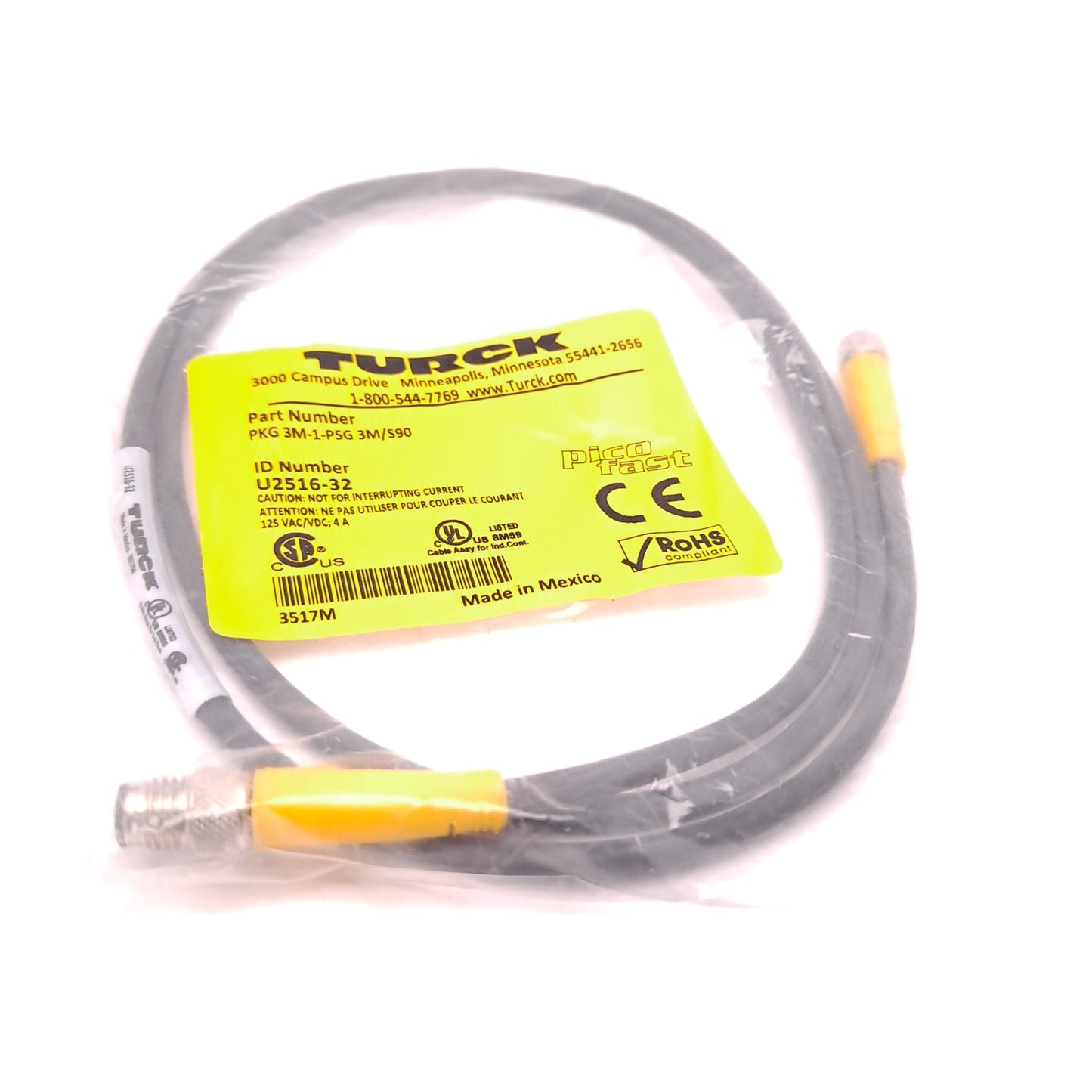 New Turck PKG 3M-1-PSG 3M/S90 Actuator & Sensor Cordset M8 Female to M8 Male 125V 4A