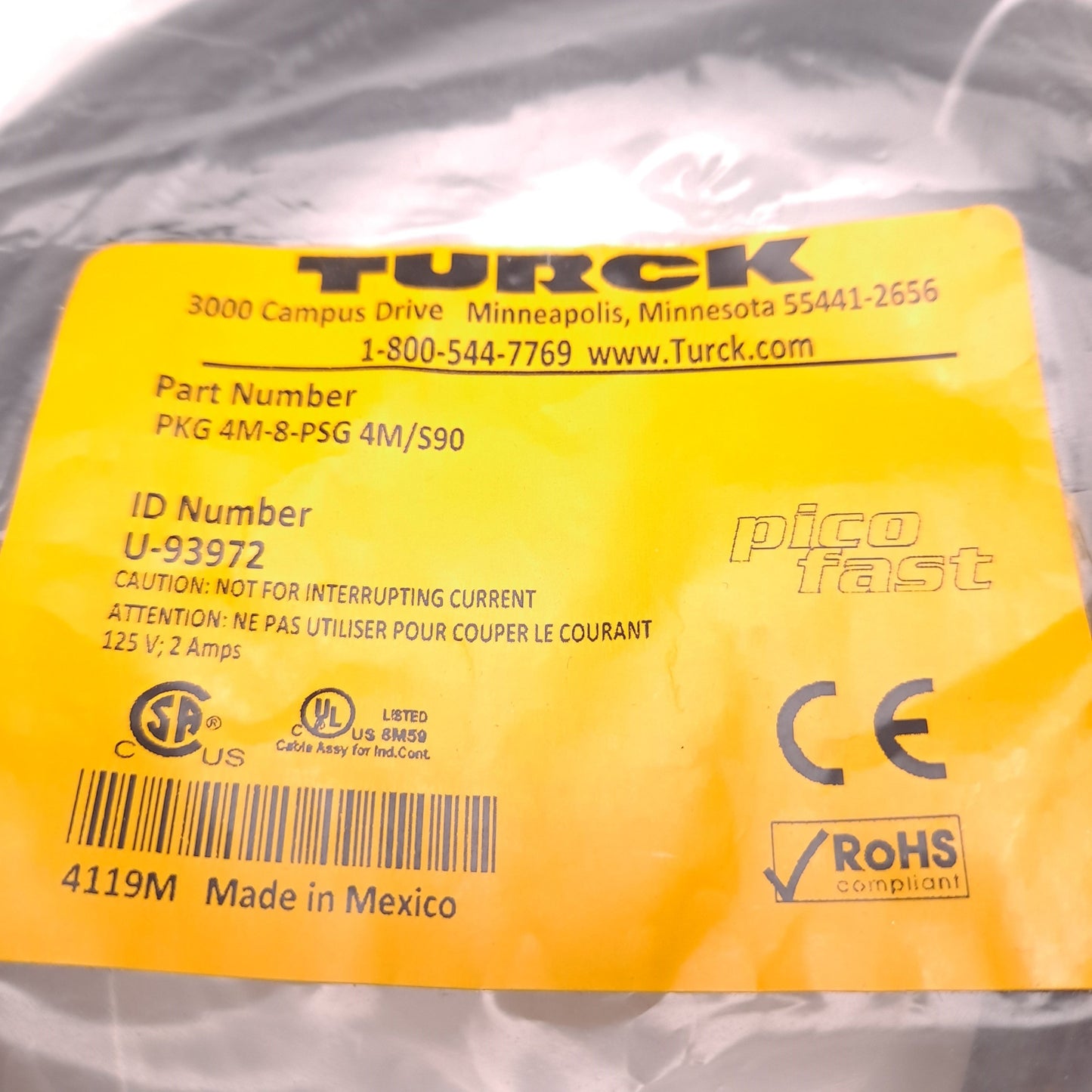 New Turck PKG 4M-8-PSG 4M/S90 Actuator & Sensor Cordset M8 Female to M8 Male 125V 2A