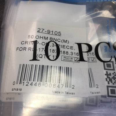 New Lot of 10 Cinch 27-9105 3-Piece Crimp-On BNC Connector Plug, Male Pin, 50 OHM