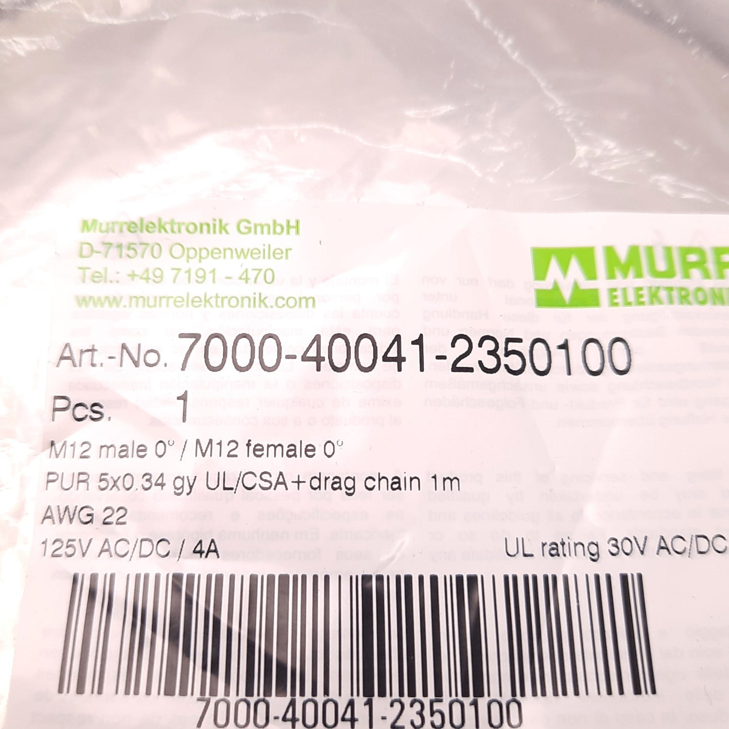 New – Open box Murr 7000-40041-2350100 Cordset Straight M12 Male to Female, 3 Meters, PVC