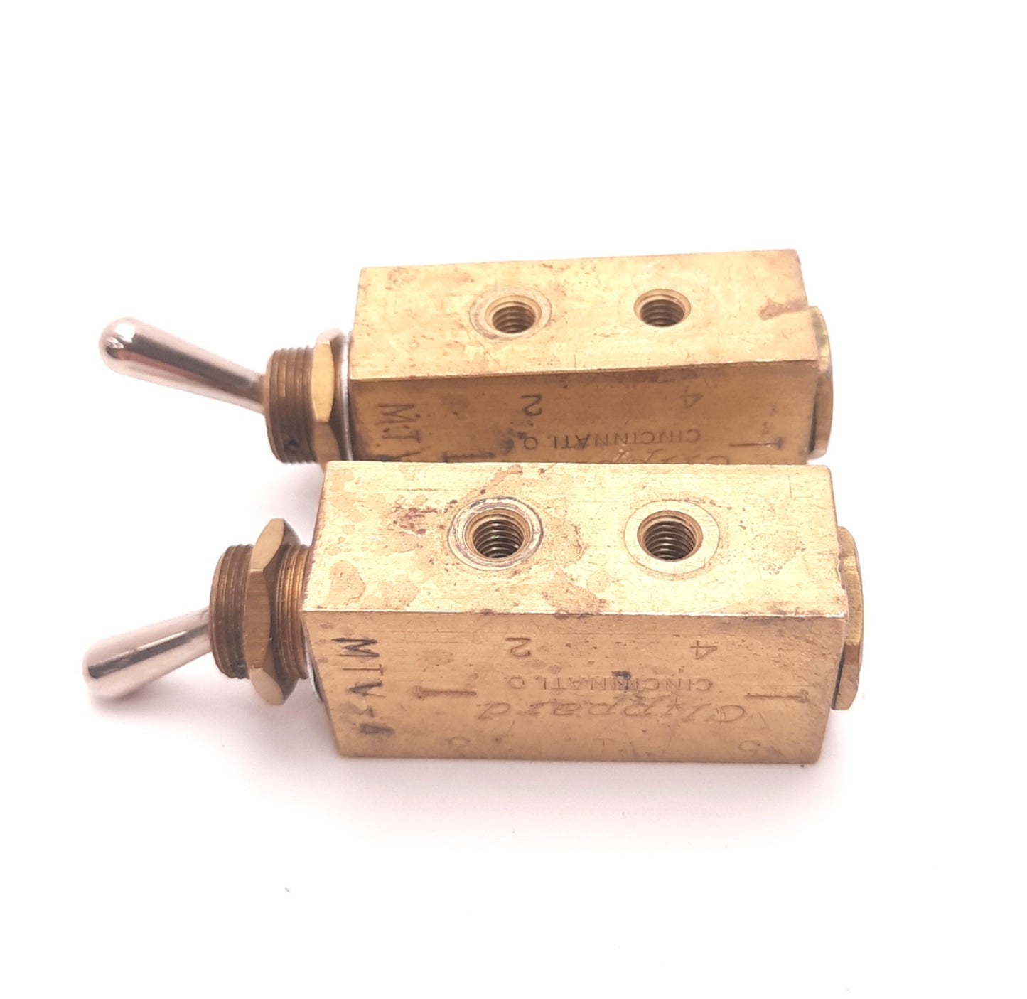 Used Lot of 2 Clippard MTV-4 Air Control Toggle Valve, 10-32UNF, 4-Way, 5-Port