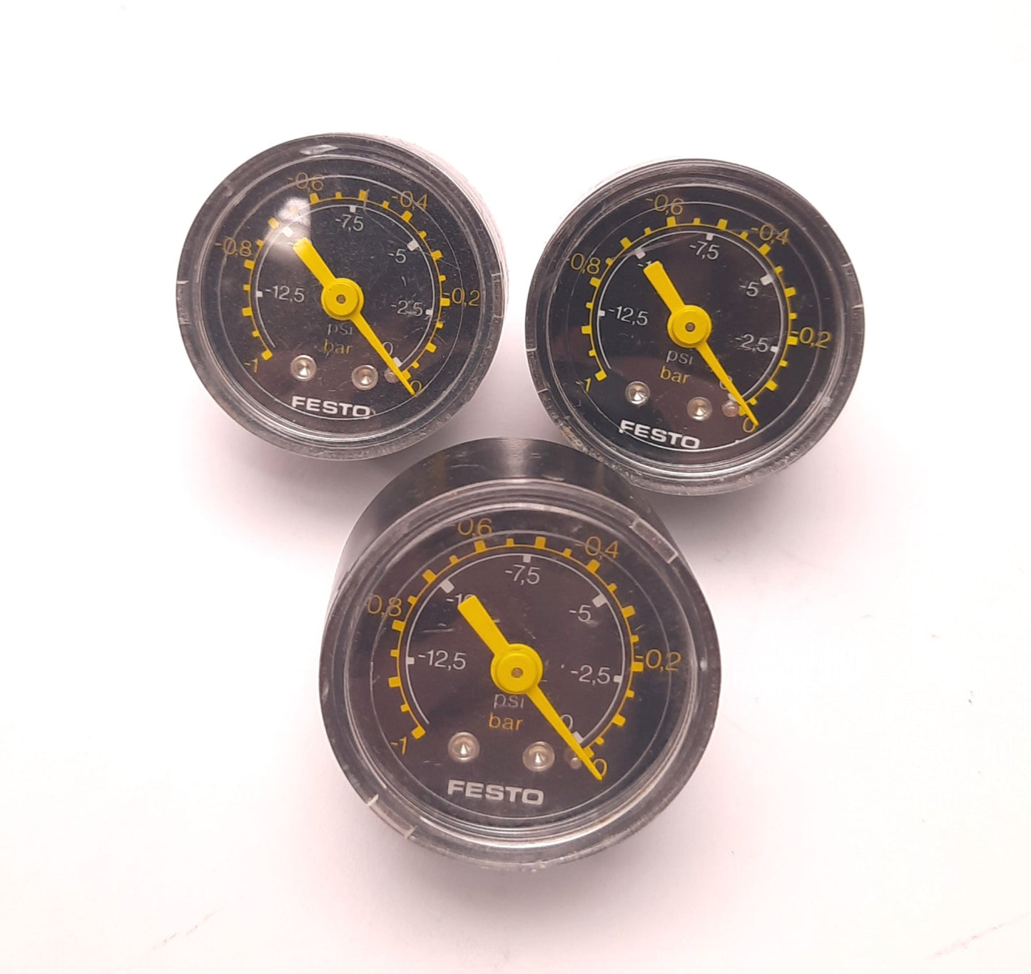 Used Lot of 3 Festo VAM/FVAM Vacuum Pressure Gauge, -1 to 0 Bar, -14.5 to 0 Psi, 1/8R