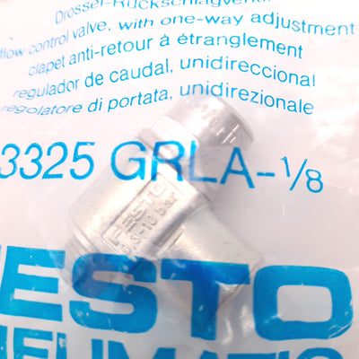 New – Open box Festo GRLA-1/8 One Way Flow Control Valve, M5 Male to Female, 90 Degree