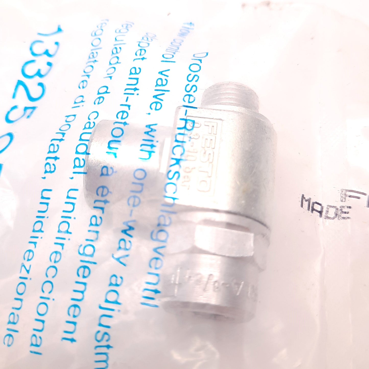 New – Open box Festo GRLA-1/8 One Way Flow Control Valve, M5 Male to Female, 90 Degree