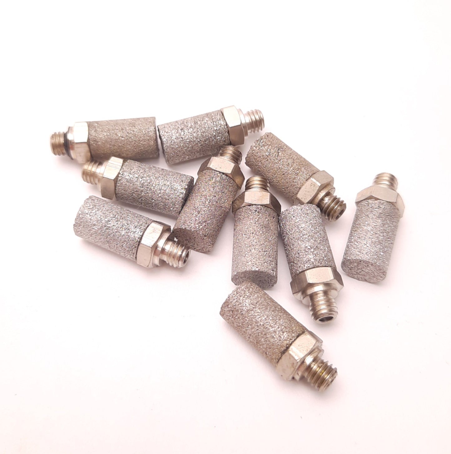 Used Lot of 10 Pneumatics Plus SSBM08 Stainless Steel Exhaust Muffler, 10-32, 5/16"