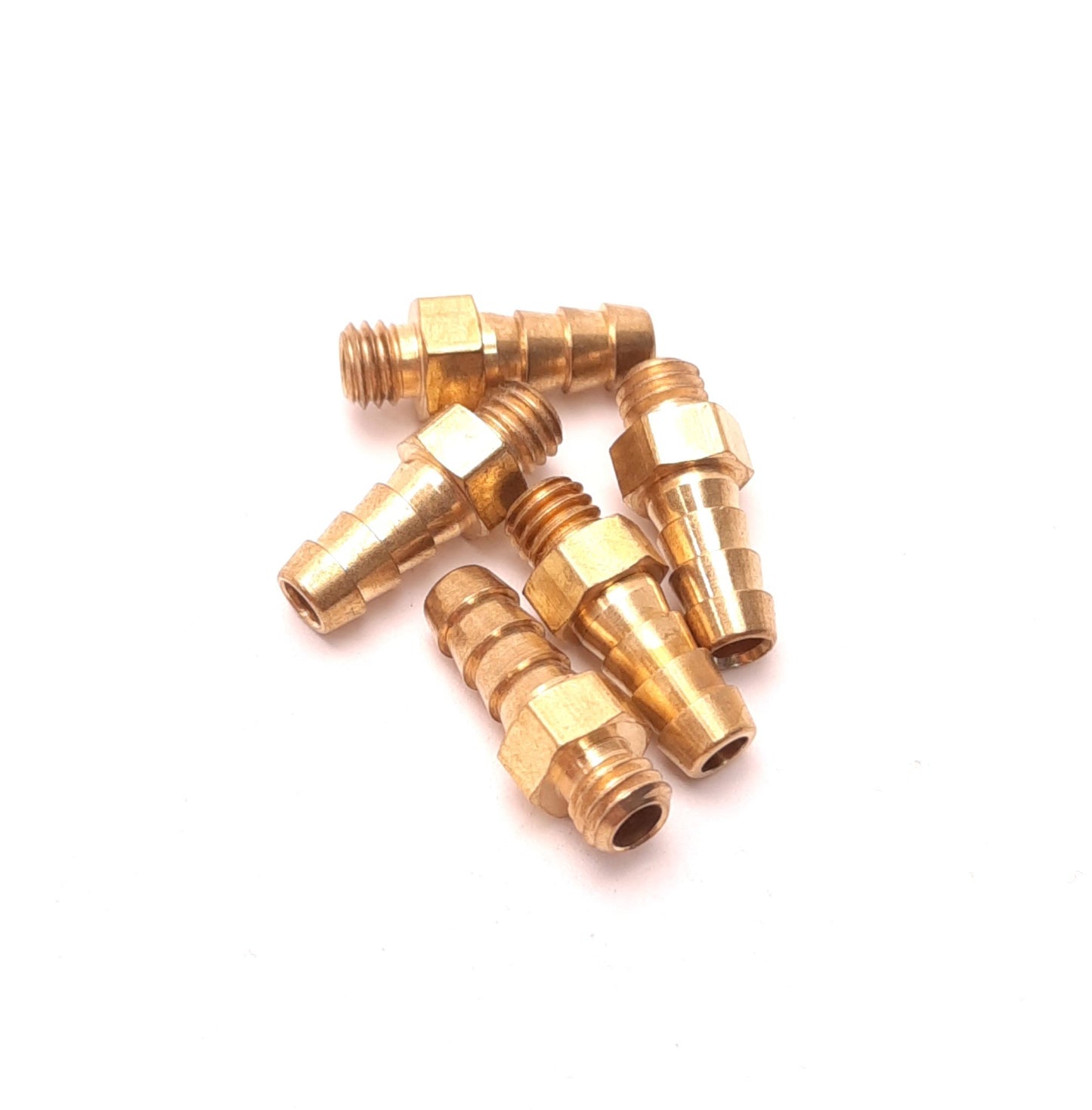 New – Open box Lot of 5 Metric Brass Barbed Fittings, 3/16" Barb to M5x0.8 Male Thread