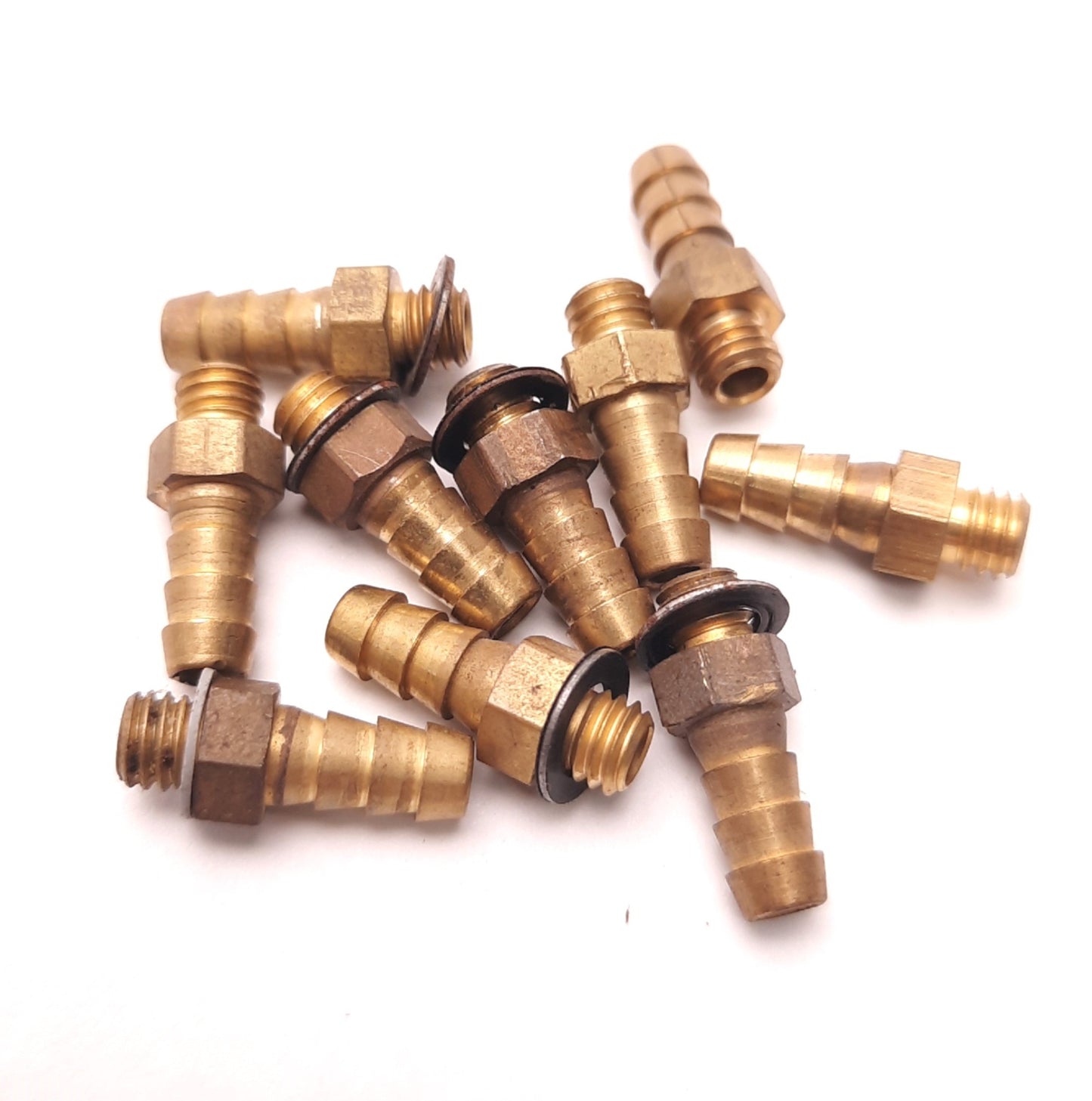 Used Lot of 10 Metric Brass Barbed Fittings, 3/16" Barb to M5x0.8 Male Thread