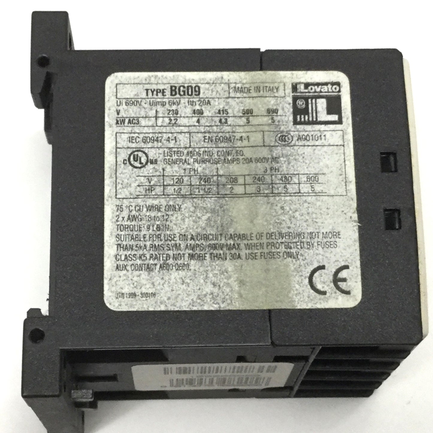 Used Lovato BG0910A Control Relay Contactor 600VAC 20A 3-Pole + NO, 120VAC Coil 60Hz