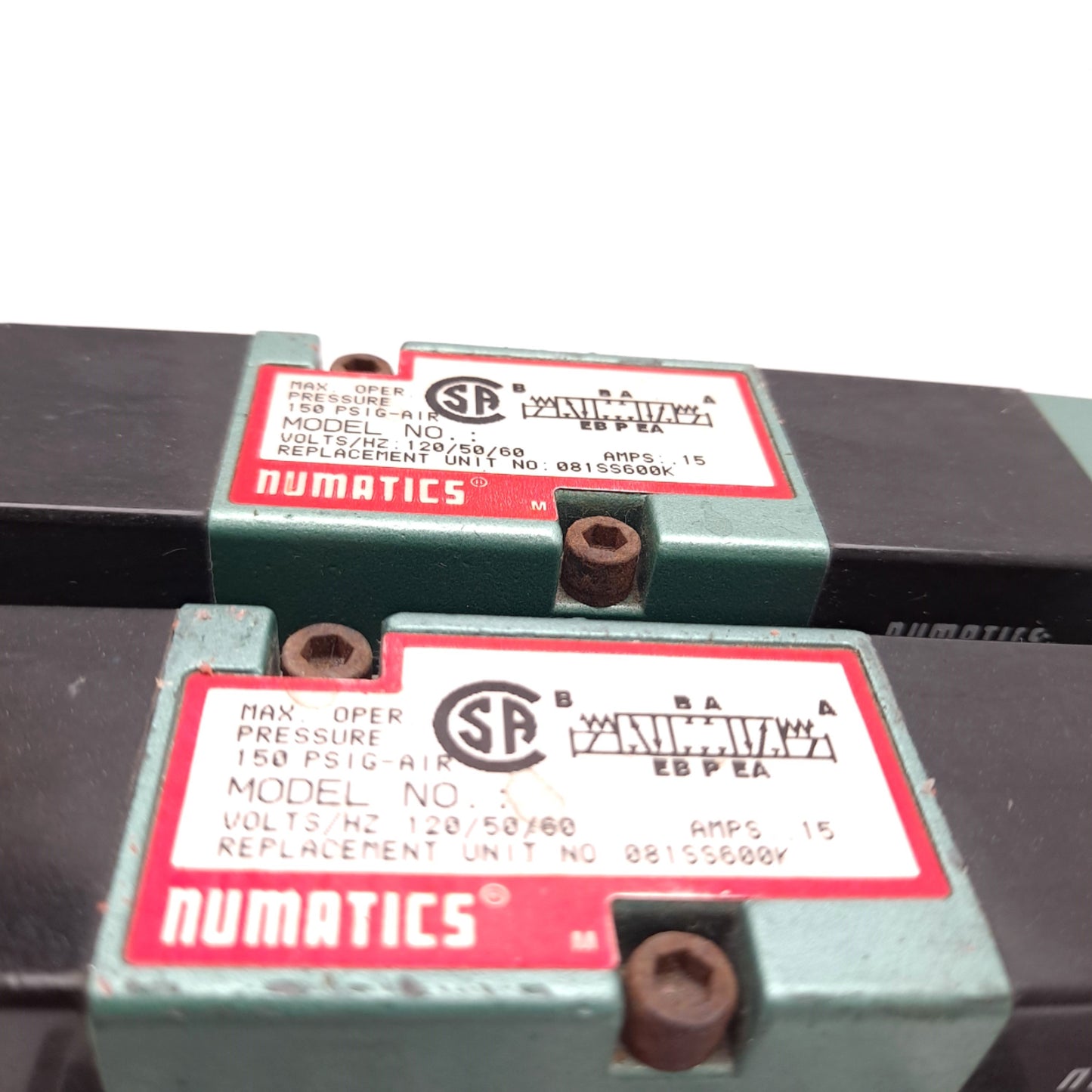 Used Numatics 081SS600K Solenoid Valves (x2) on FlexiBlok Manifold 120VAC 150PSI