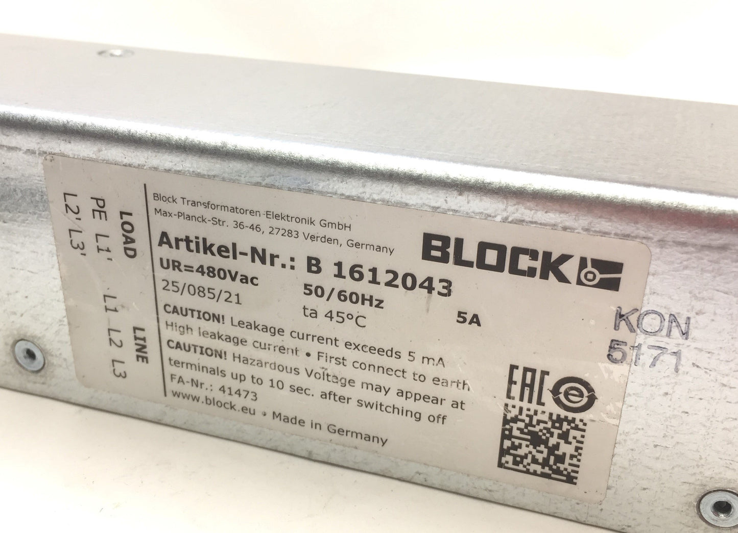 New – Open box Block Transformatoren Artikel-Nr: B1612043 Transformer Rating: 480VAC 50/60Hz 5A