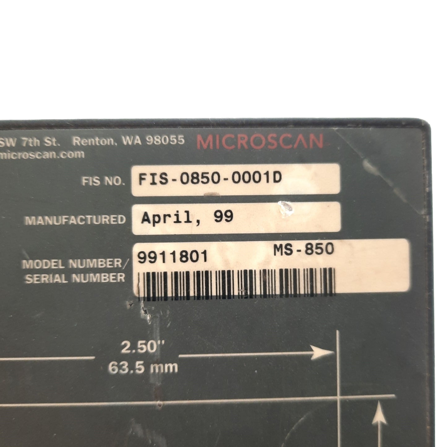 Used Microscan FIS-0850-0001D MS-850 Fixed Bar Code Scanner 350-1100scans/sec RS-232