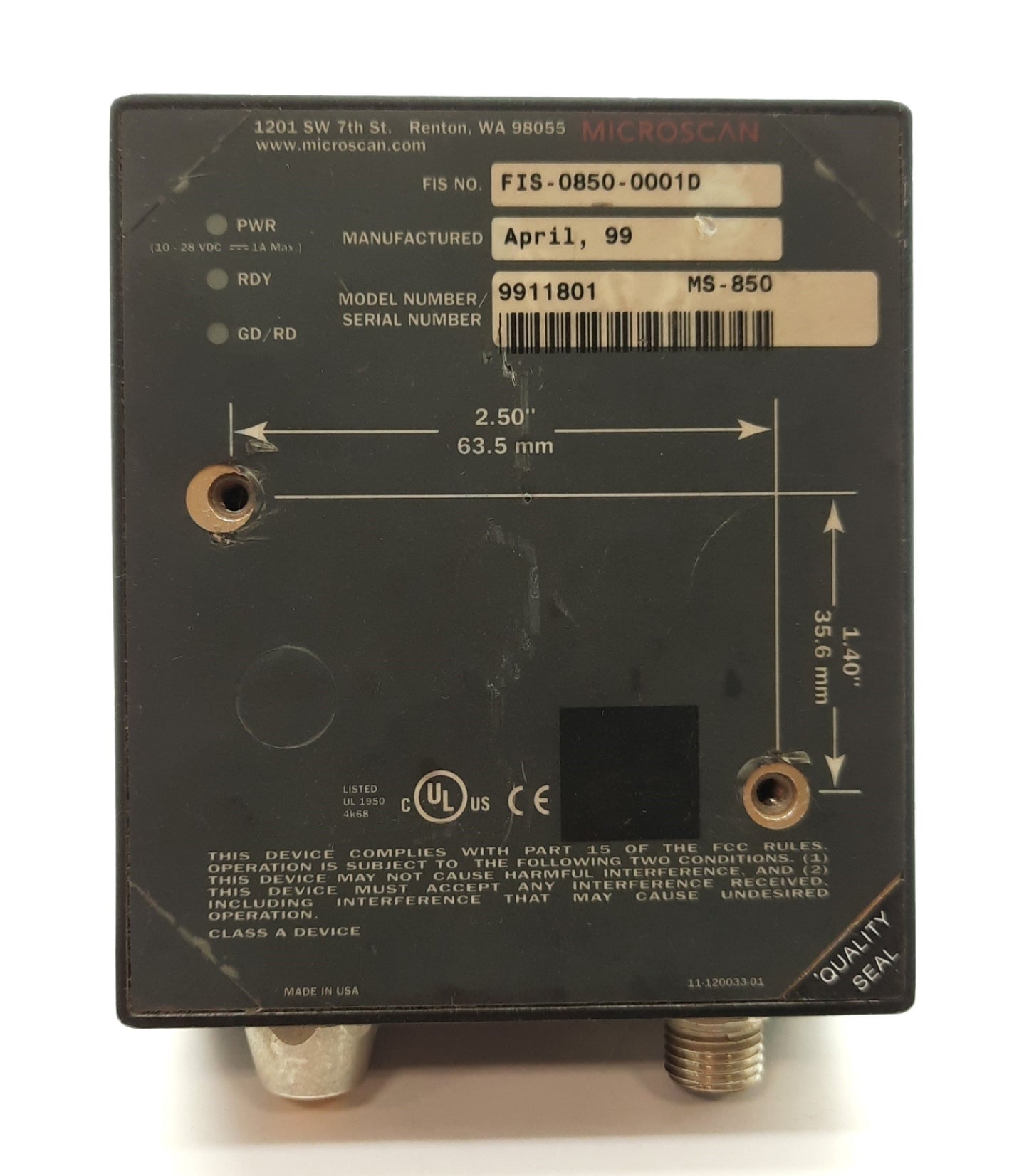Used Microscan FIS-0850-0001D MS-850 Fixed Bar Code Scanner 350-1100scans/sec RS-232