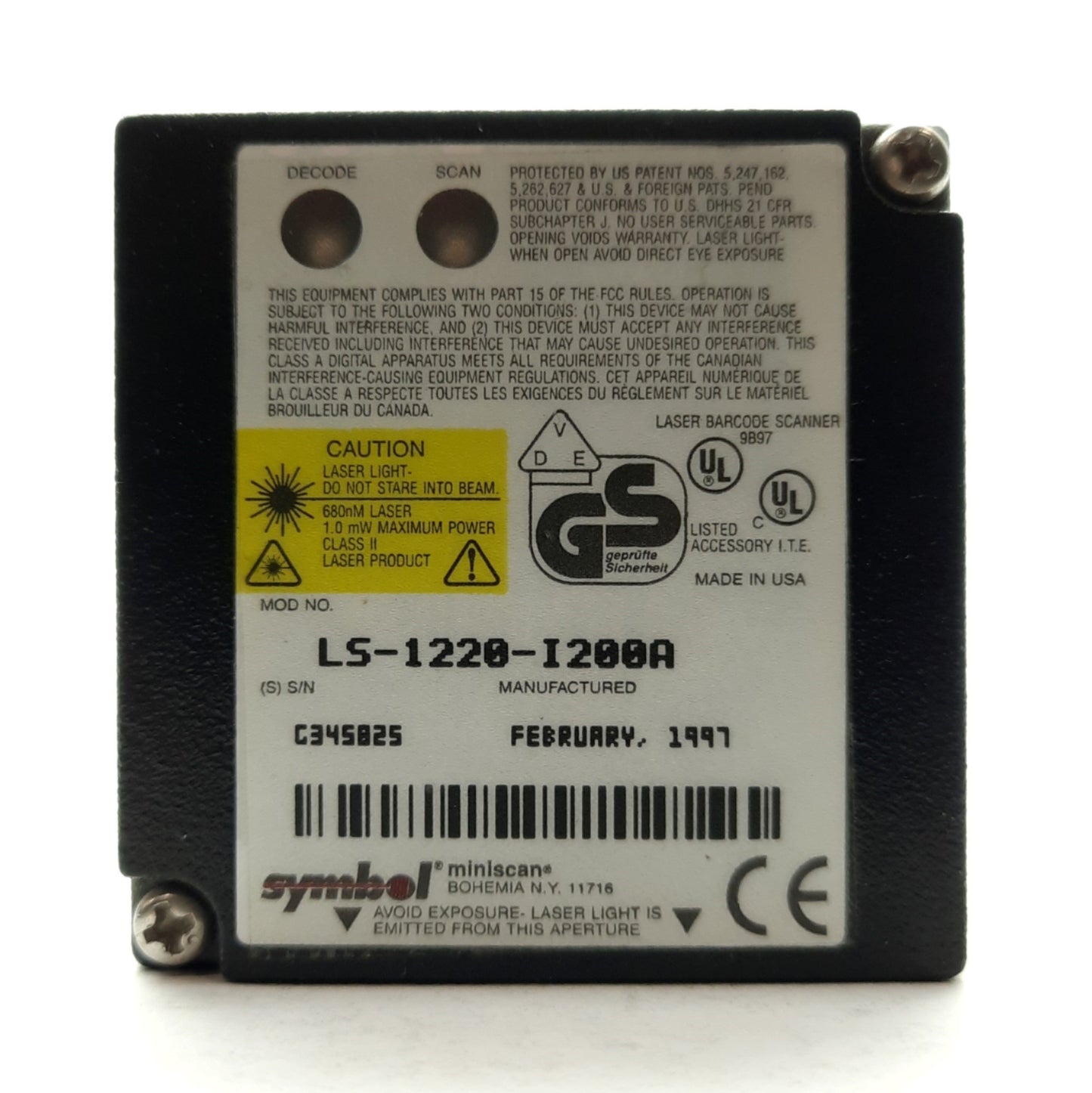 Used Symbol LS-1220-I200A MiniScan Fixed Bar Code Scanner, 36scans/sec, RS-232, 5VDC