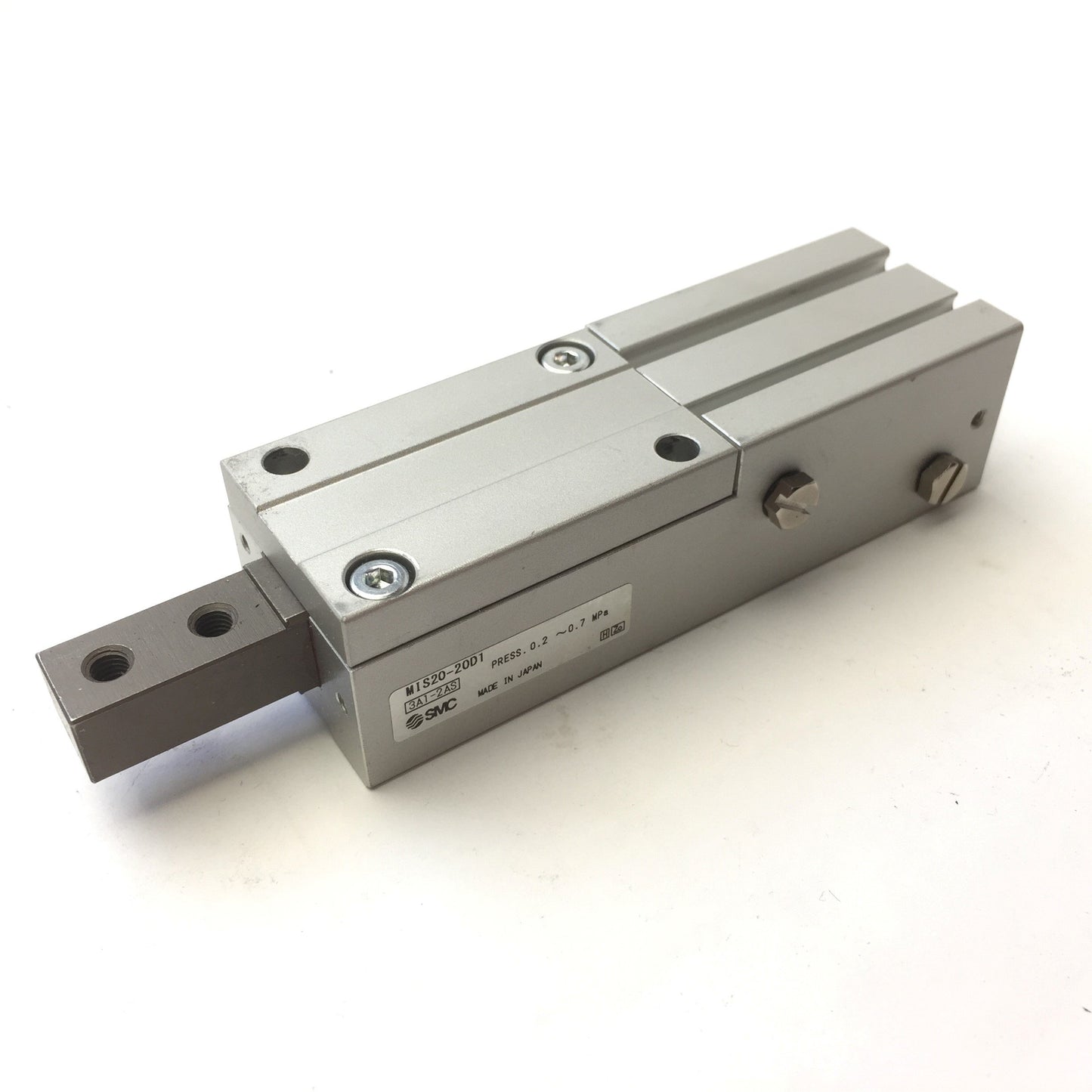 Used SMC MIS20-20D1 Escapement Single Finger Type Pneumatic, Bore: 20mm Stroke: 20mm