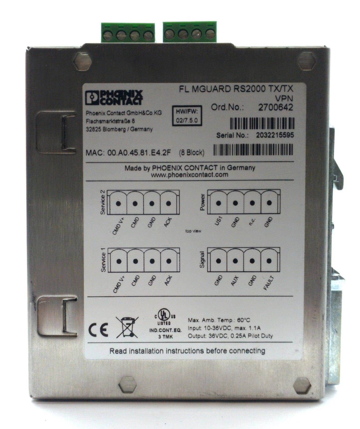 Used Phoenix Contact FL MGUARD RS2000 TX/TX VPN Router, 10/100Mbps, 330MHz CPU, 24VDC