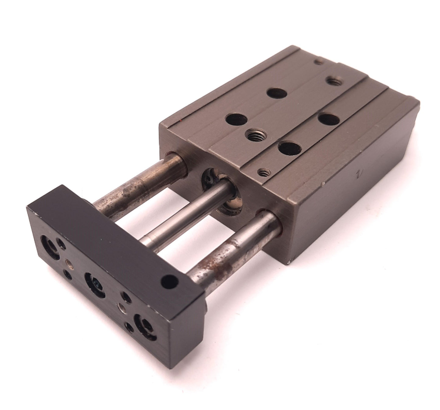 Used PHD SA022X1-J2-304 Compact Thruster Slide 1" Travel, M5x0.8 Ports, Tool Plate