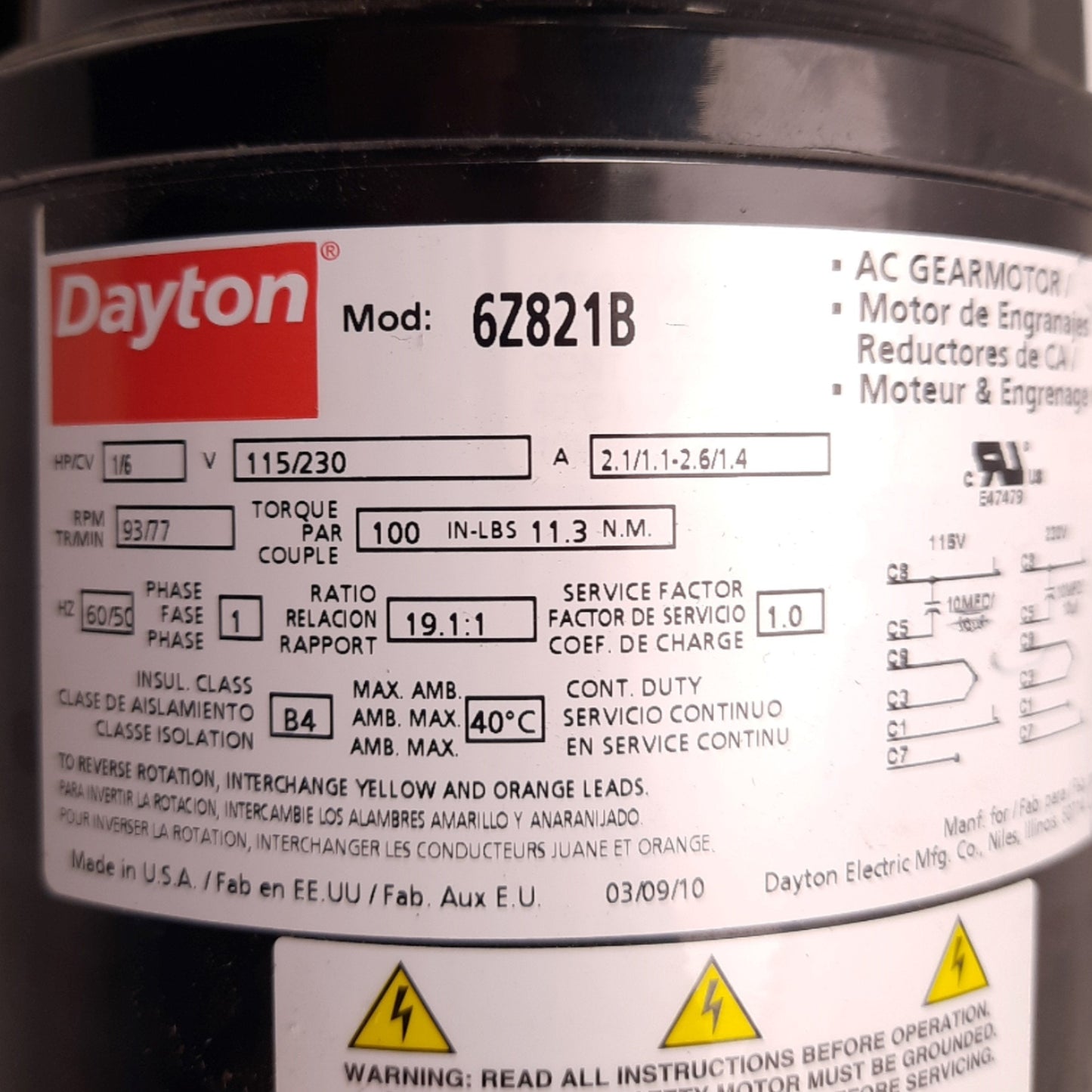 New – Open box Dayton 6Z821B AC Gearmotor 19.1:1 Ratio 1/6HP 100inlb 93RPM 5/8" Shaft 115/230V
