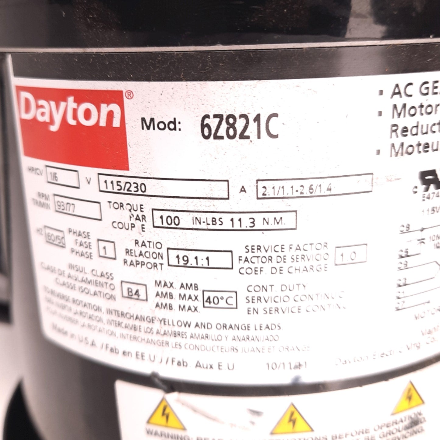 New – Open box Dayton 6Z821C AC Gearmotor 19.1:1 Ratio 1/6HP 100inlb 93RPM 5/8" Shaft 115/230V