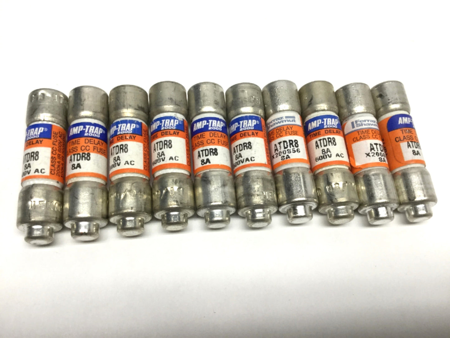 Used Lot of 10 Ferraz Shawmut ATDR8 Amp-Trap Time Delay Fuses, Class CC, 8A 600VAC