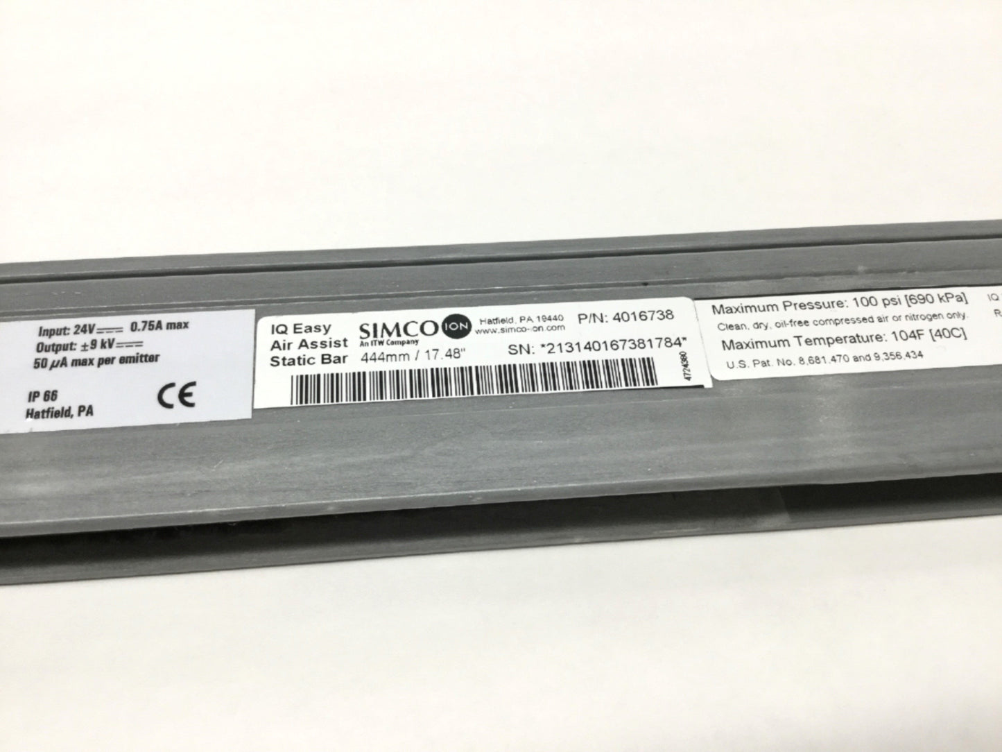 Used Simco-Ion 4016738 IQ Easy Air Assist Static Neutralizing Bar 444mm 24VDC 100psi