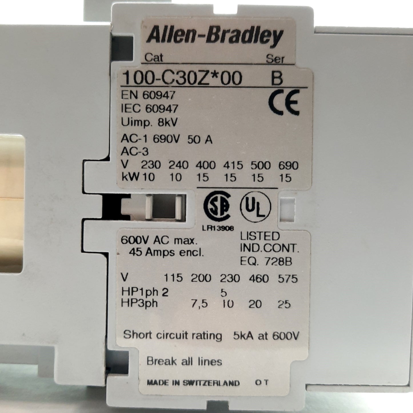 Used Allen Bradley 100-C30ZJ00 Contactor, 3-Pole NO Aux, 600VAC 30A, 24VDC Coil