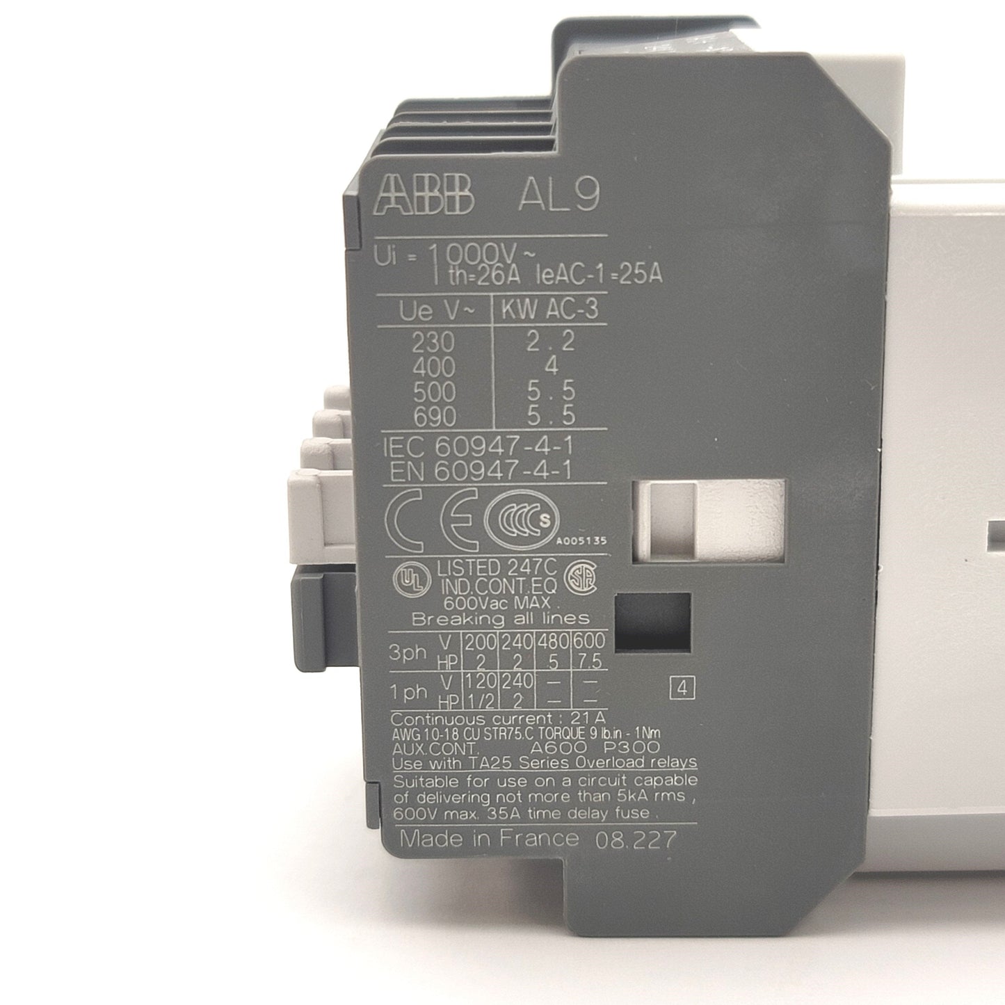 Used ABB AL9-30-10 General Purpose Contactor 3-Pole 220-690VAC, 9A, 24VDC Coil