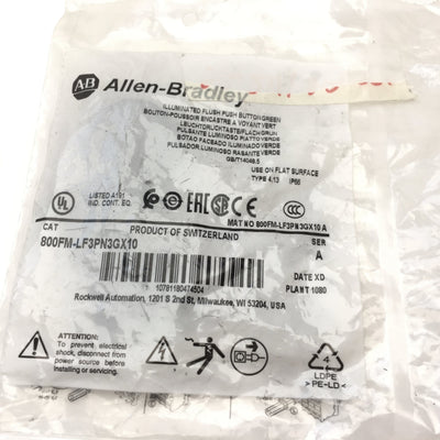 New Allen Bradley 800FM-LF3PN3GX10 Illuminated Green Momentary Pushbutton, 24VAC/DC