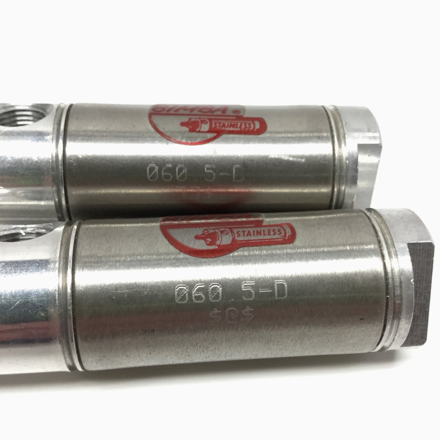 Used Lot of 2 Bimba 060.5-D Stainless Steel Air Cylinders 7/8" Bore, 0.5" Stroke
