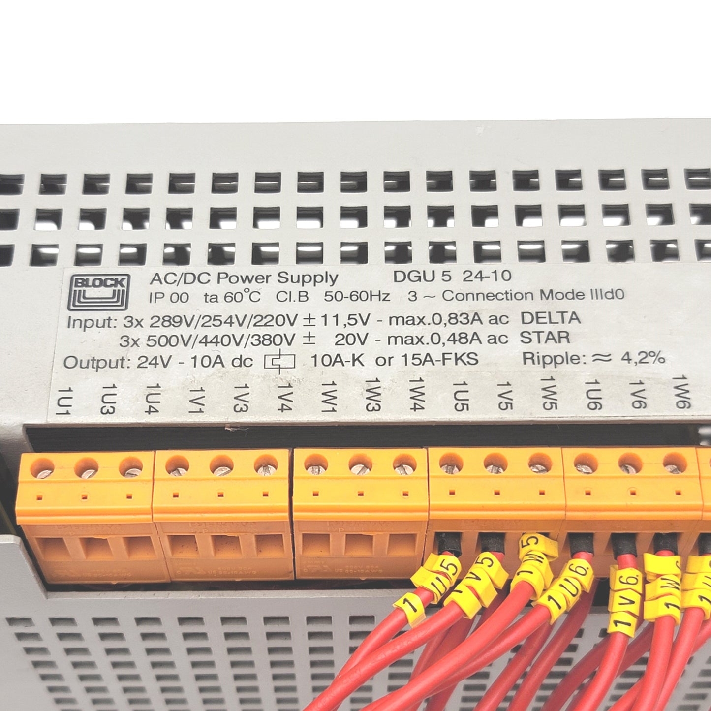Used Block DGU5-24-10 DC Power Supply Input: 220-500VAC 3-Phase Output: 24VDC 10A
