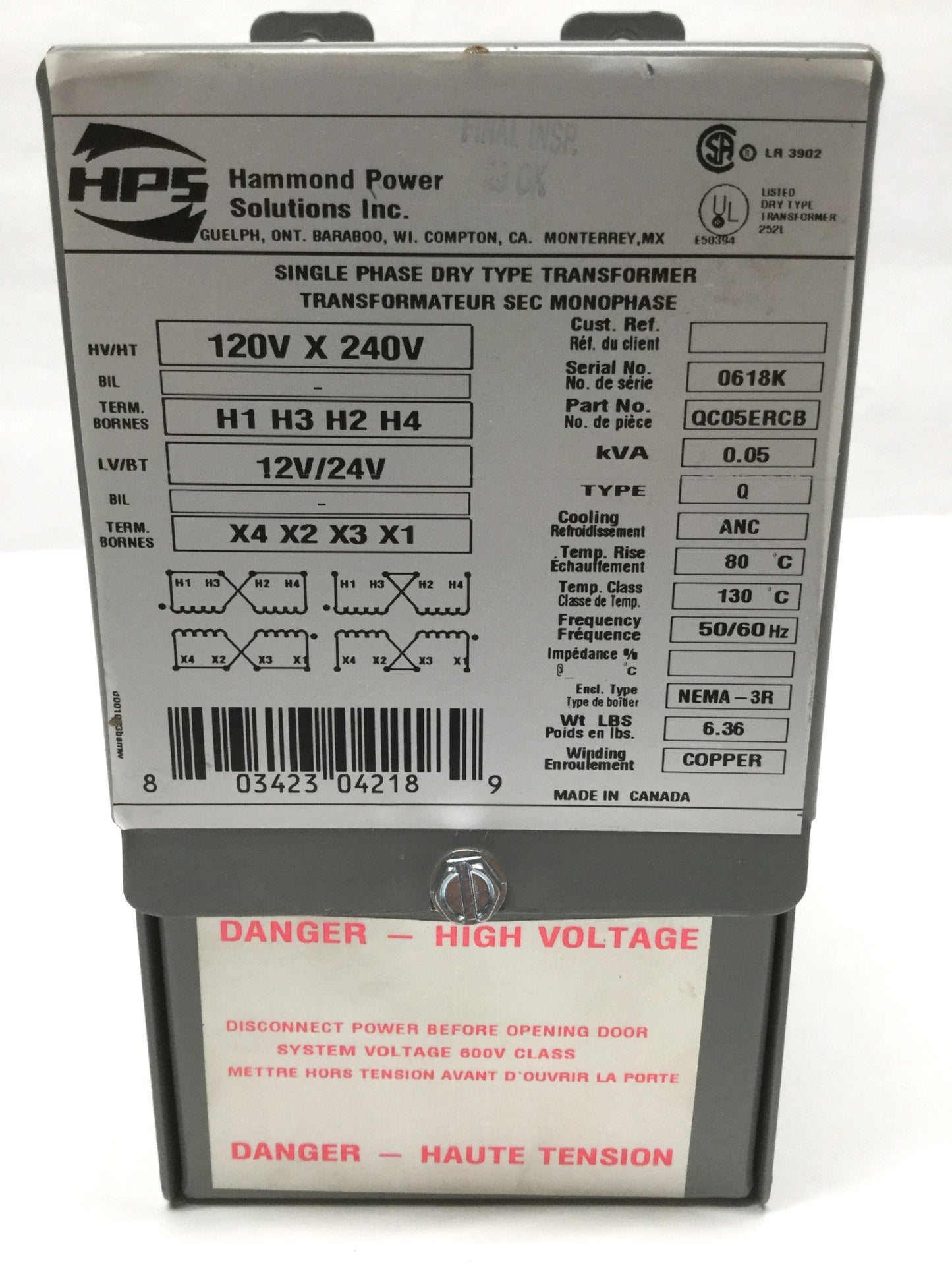 Used Hammond HPS QC05ERCB Buck-Boost Transformer 0.05kVA, 120/240V Pri, 12/24V Sec