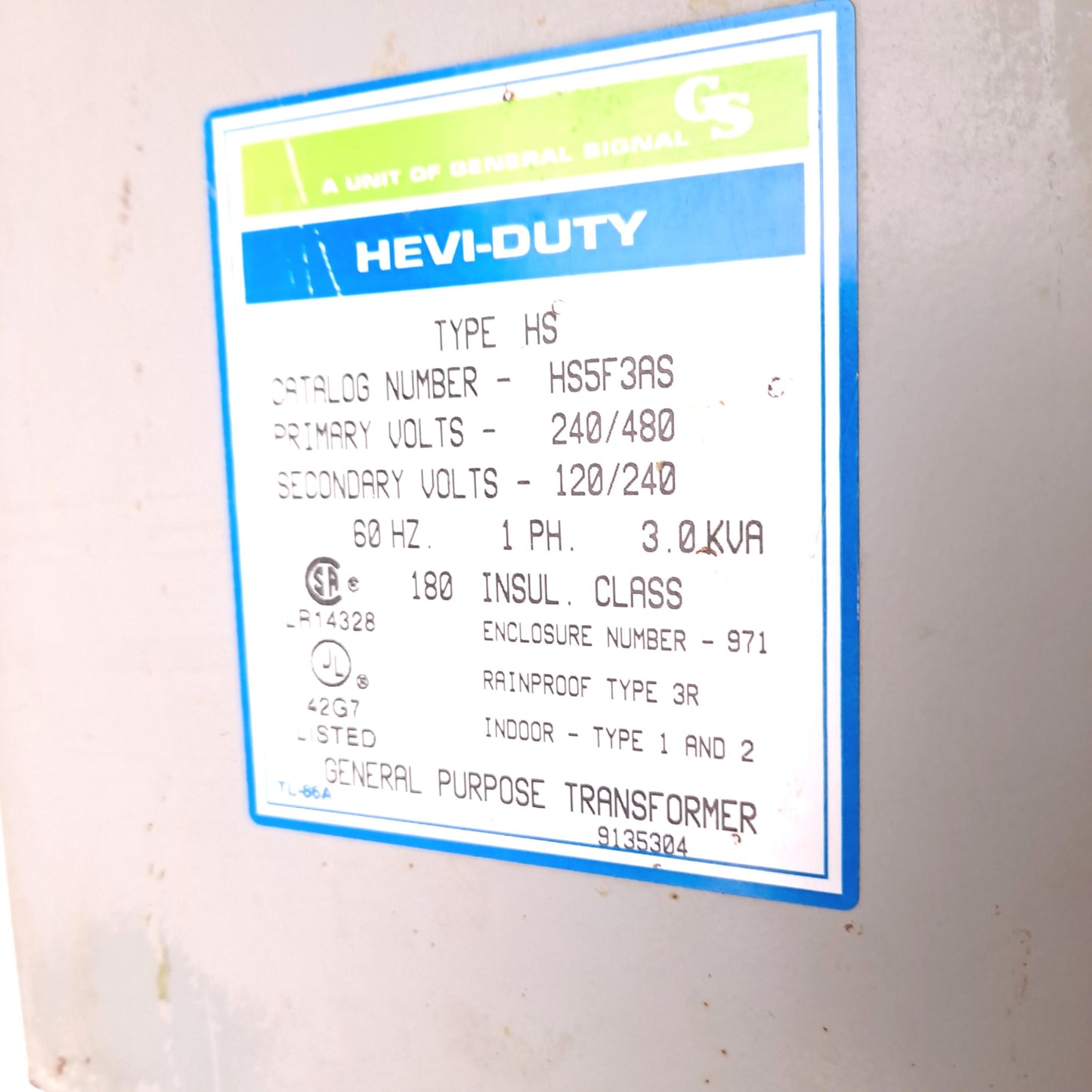 Used Heavy Duty HS5F3AS Transformer 240-480 VAC 6.25A Single Phase