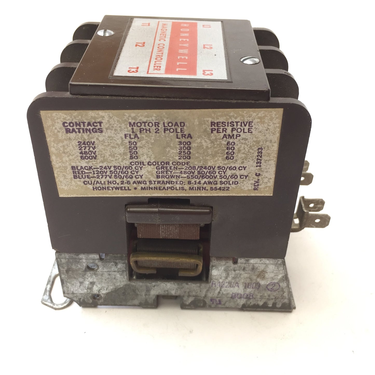 New – Open box Honeywell R4220A1003 Contactor, 50A 3-Pole, Control Circuit: 120V 50/60Hz, 3PST