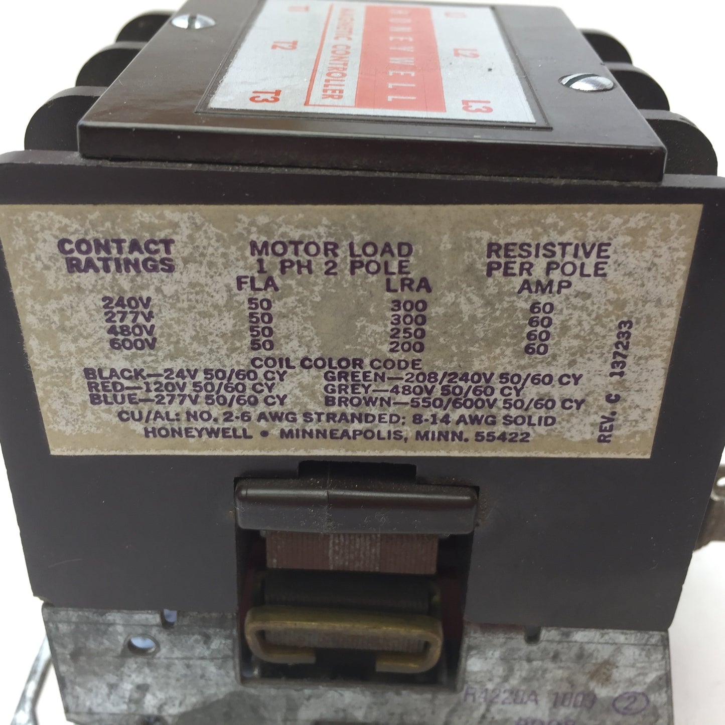 New – Open box Honeywell R4220A1003 Contactor, 50A 3-Pole, Control Circuit: 120V 50/60Hz, 3PST