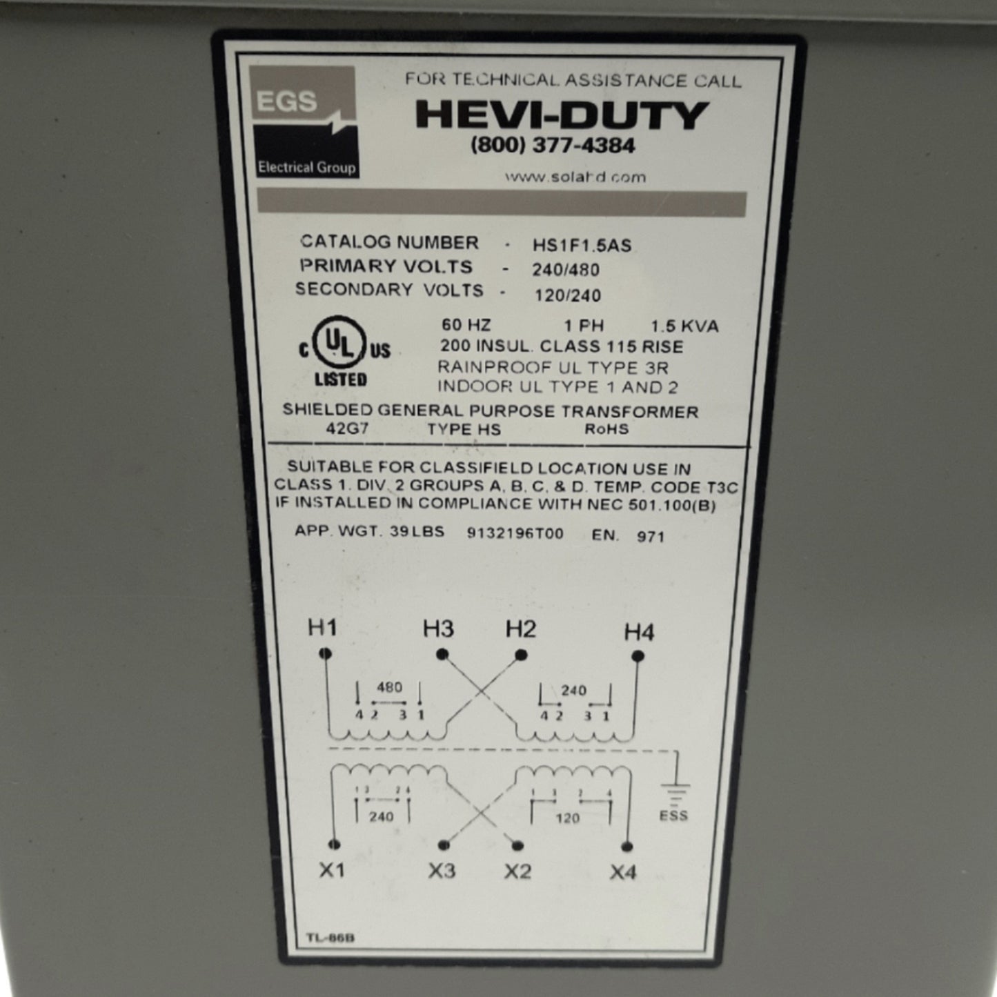 Used Heavy Duty HS1F1.5AS Transformer 240/480VAC Primary, 120/240VAC 2nd, 1.5KVA 1-PH