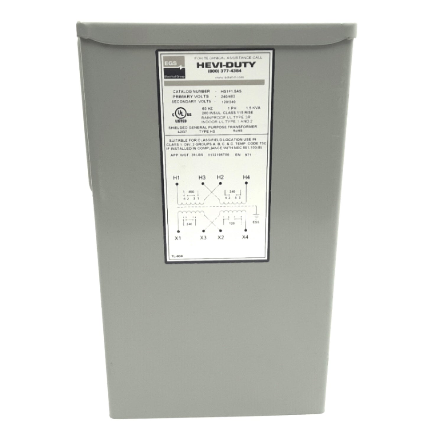 Used Heavy Duty HS1F1.5AS Transformer 240/480VAC Primary, 120/240VAC 2nd, 1.5KVA 1-PH